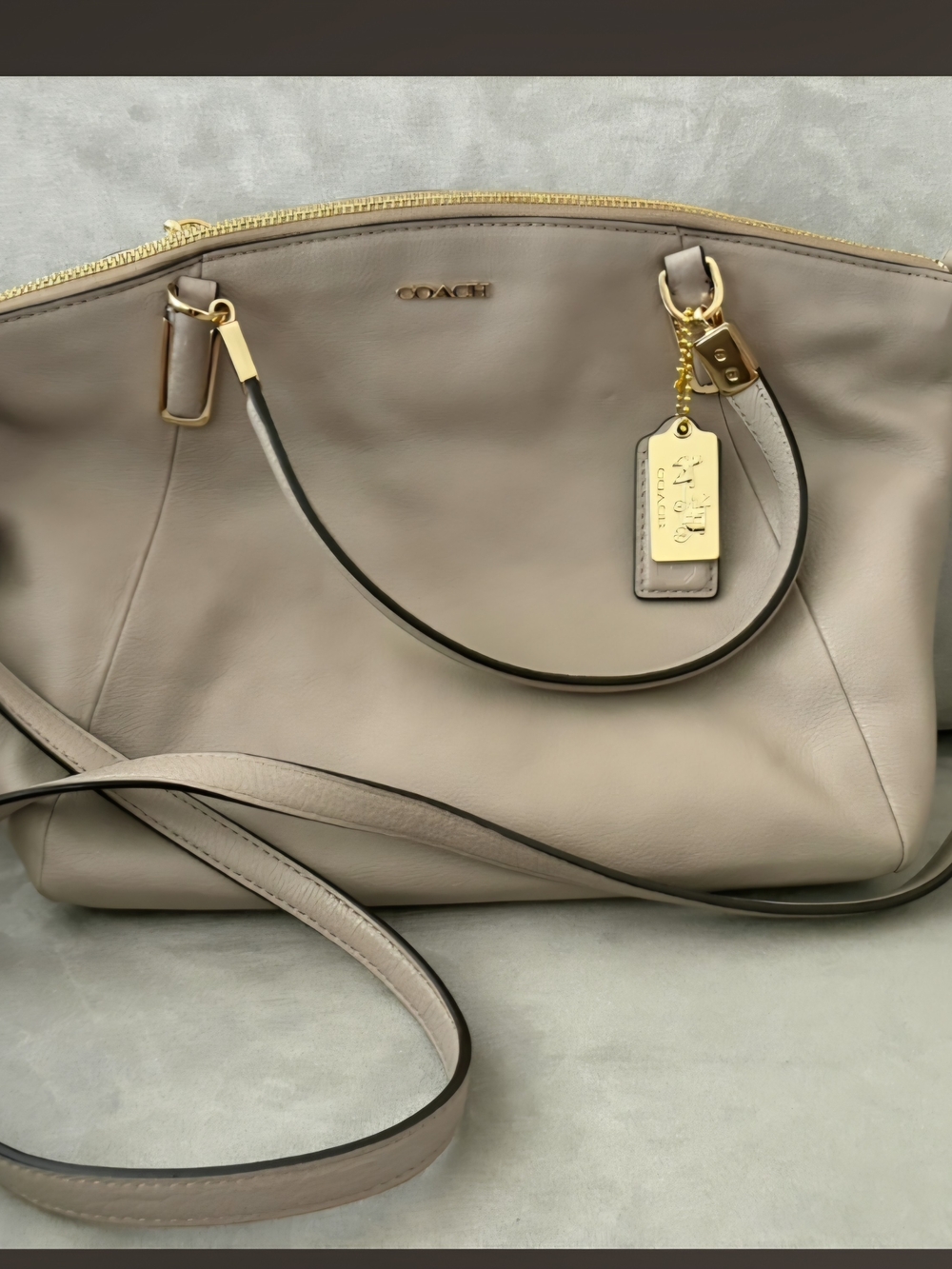 Coach Taupe Leather Shoulder Bag with Gold Hardware